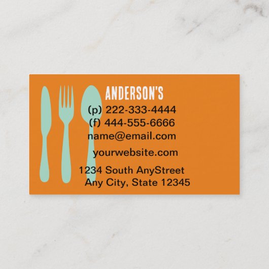 ケータリングモダンオレンジ及びティール(緑がかった色)カスタム 名刺 (裏面)