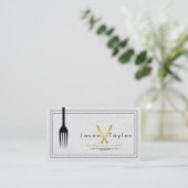 ケータリングレトロ石白シェフ金ゴールドナイフ交差 名刺 (スタンド正面)