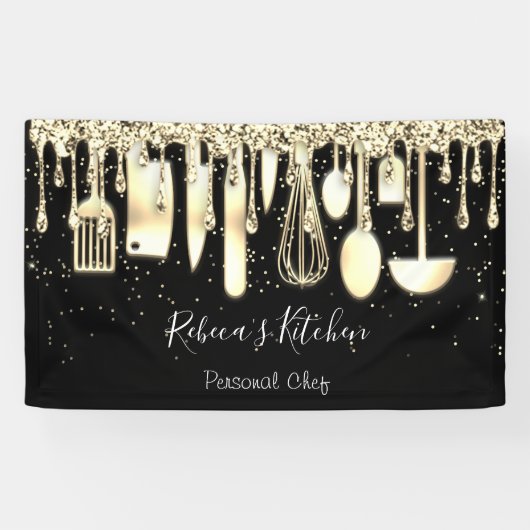 ケータリング個人シェフキッチン金ゴールド器ブラック 横断幕 (横)