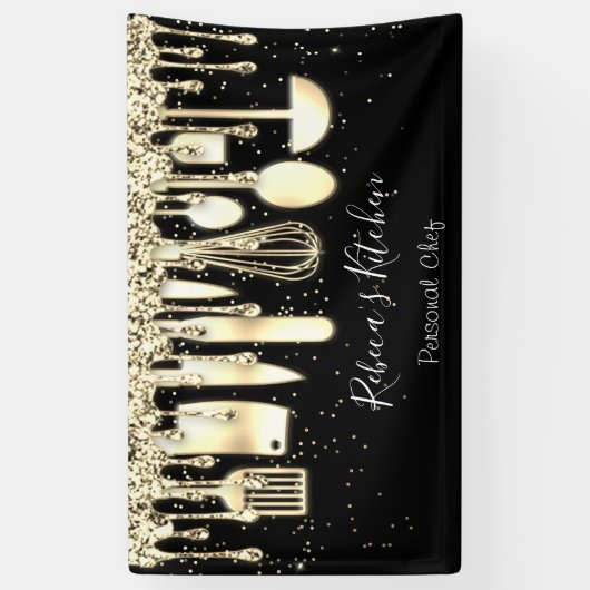 ケータリング個人シェフキッチン金ゴールド器ブラック 横断幕 (縦)