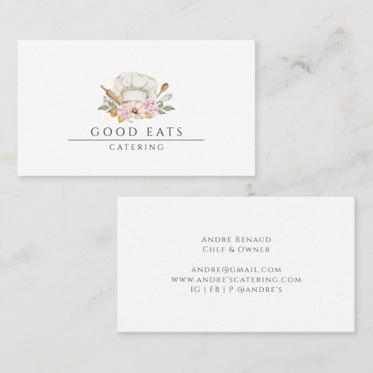 ケータリング料理の水彩シェフの帽子の道具 名刺 (正面/裏面)