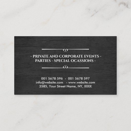 ケータリング – パーソナルシェフ – 黒い木材の上に白 名刺 (裏面)