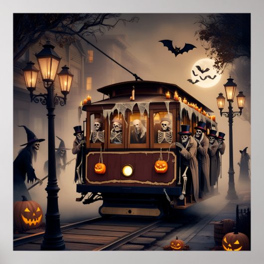 ケーブルカーのハロウィーンに乗るスケルトン乗客 ポスター (正面)