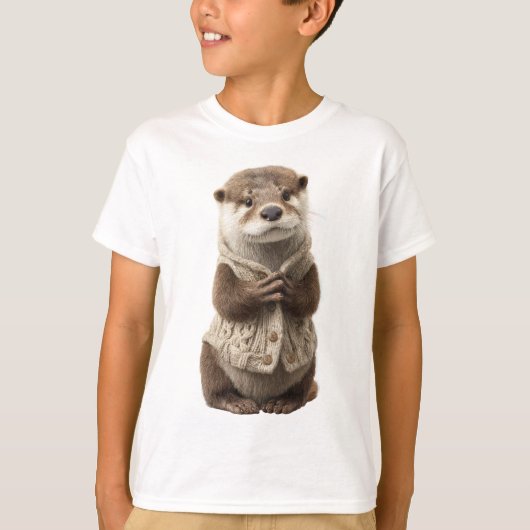 ケーブル編みセーターのカワウソ キッズ Tシャツ (正面)