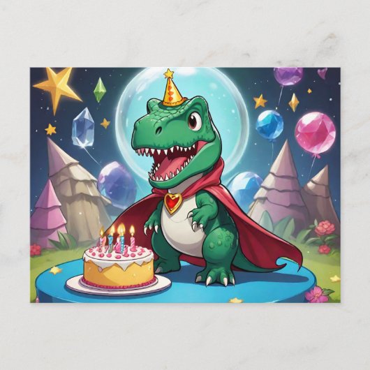 ケープを着た赤ちゃんT-Rexが誕生日ケーキの前で ポストカード (正面)
