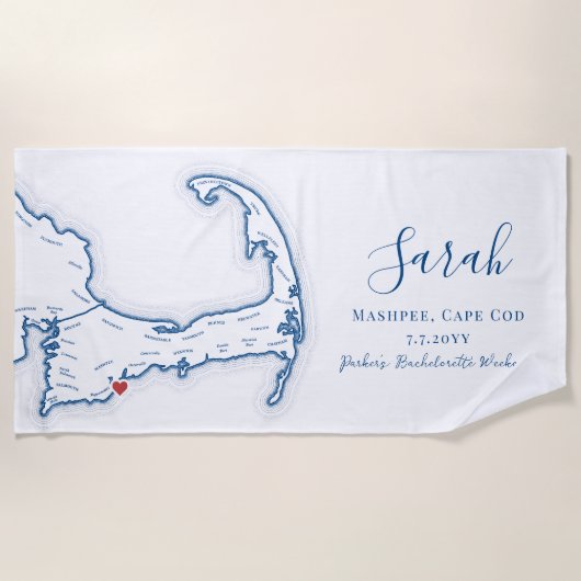 ケープコッドのパーソナライズされたバチェロレッテウィークエンド ビーチタオル (正面)