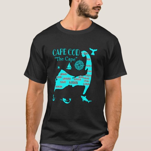 ケープコッドの地図 アクアブルー nautical シンボル 魚 男性 tシャツ (正面)