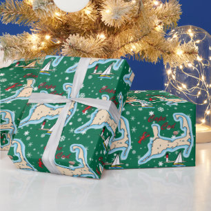 ケープコッド地図ロブスター帆船シェルクリスマス ラッピングペーパー