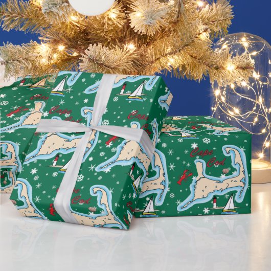 ケープコッド地図ロブスター帆船シェルクリスマス ラッピングペーパー (クリスマス)