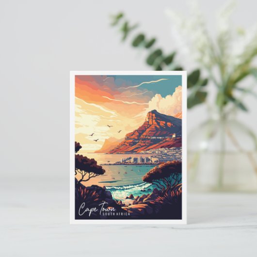 ケープタウンサウスアフリカヴィンテージ旅行イラストレーション ポストカード (スタンド正面)