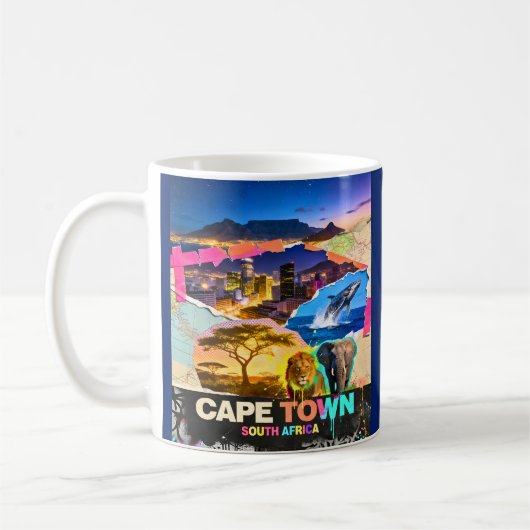 ケープタウン 南アフリカ 山 海 サファリ コラージュ コーヒーマグカップ (左)