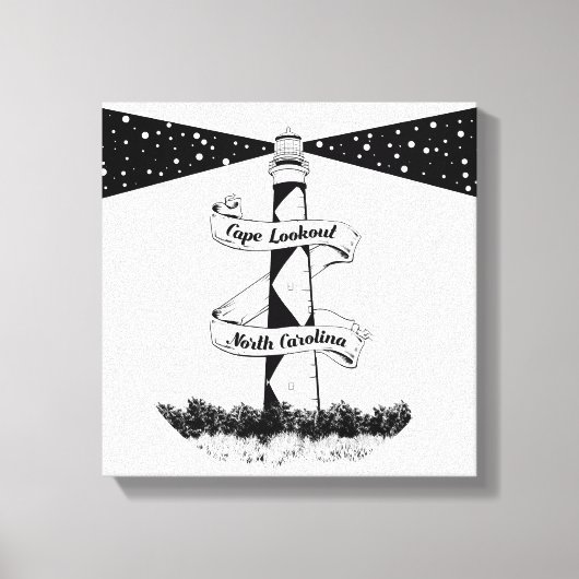 ケープルックアウトライトハウスブラックアンドホワイト キャンバスプリント (正面)