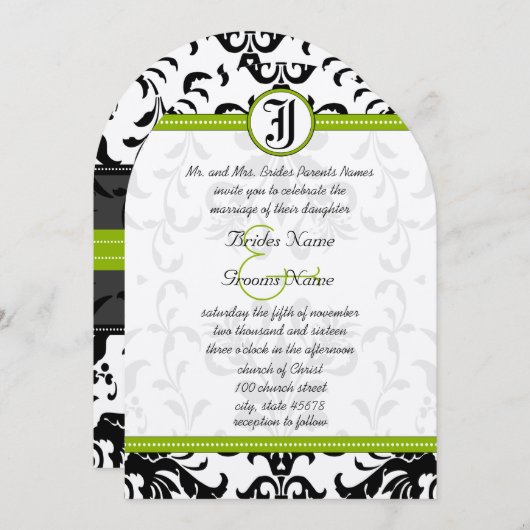ケールグリーンモノグラムダマスクウェディング招待状 招待状 (正面/裏面)