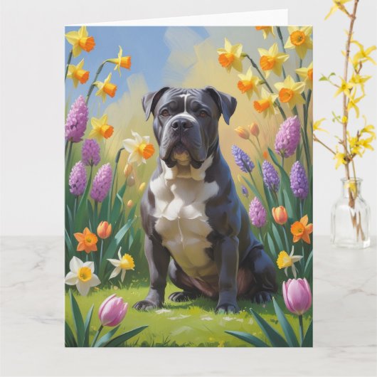 ケーン・コルソの犬と春の花の絵 カード (黄色い花)