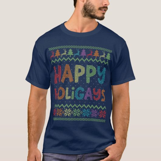 ゲイおもしろいクリスマスLGBハッピーホリゲイズレインボー Tシャツ (正面)