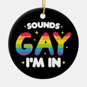 ゲイっぽい音がしたら入ってるよ LGBT Pride フラッグ 冗談Tシャツ セラミックオーナメント