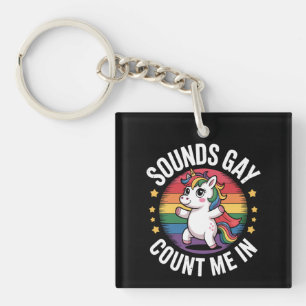 ゲイっぽい音がする?私もだよ ユニコーン レインボー LGBTQプライド キーホルダー