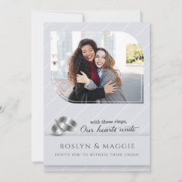 ゲイとレズビアンのシルバー ピンストライプ フォト ウェディング 招待状