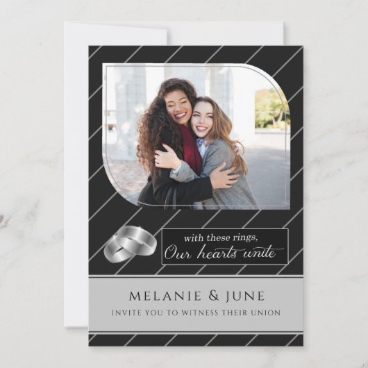 ゲイとレズビアンブラックPinstried写真結婚ズ 招待状 (正面)