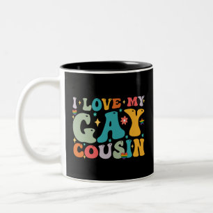 ゲイのいとこ大好き グルービーレインボー LGBTプライド ツートーンマグカップ