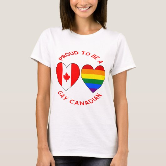 ゲイのカナダ人であることを誇りに思う ハート 米国 カナダ国旗 Tシャツ (正面)