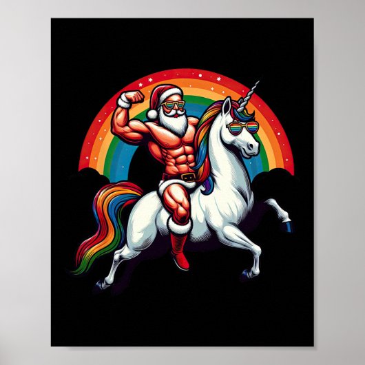 ゲイのサンタがユニコーンに乗って筋肉を見せる面白いLGBTのクリスマスショー ポスター (正面)