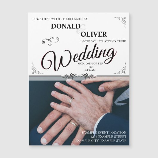 ゲイの結婚式のカップルの指輪をした手 (正面)