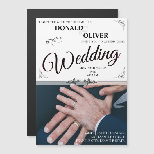 ゲイの結婚式のカップルの指輪をはめた手 マグネット招待状 (正面/裏面)