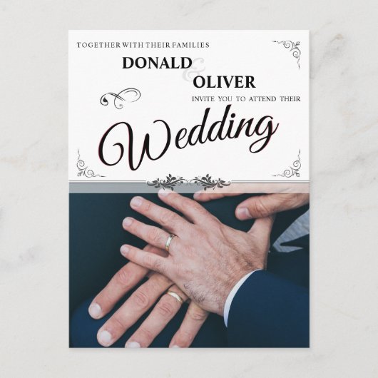 ゲイの結婚式の指輪をしたカップルの手 ポストカード (正面)