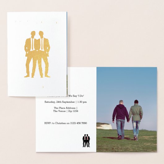 ゲイの結婚式　タキシードの二人の新郎 箔カード (ディスプレー)