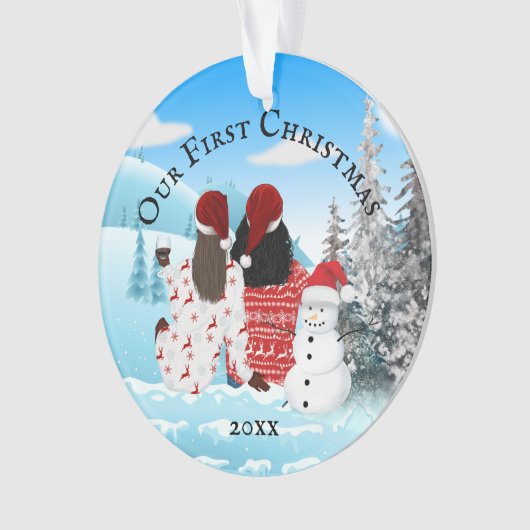 ゲイアフリカ系アメリカ人カップル雪だるまDIY写真 オーナメント (正面)