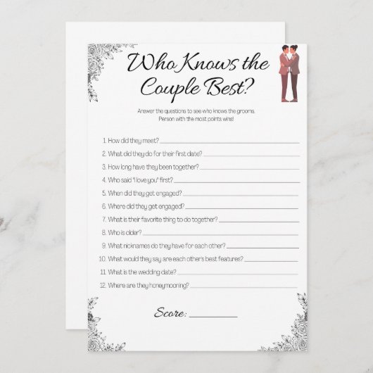 ゲイウェディングシャワーゲーム誰がカップルを知っている？ 招待状 (正面/裏面)