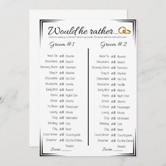 ゲイウェディングシャワーゲーム、彼はむしろ 招待状 (正面/裏面)