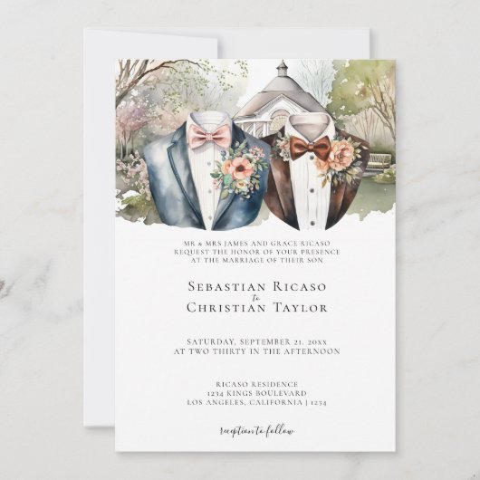 ゲイエレガント庭園の結婚式スーツを着た二室 招待状 (正面)