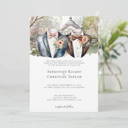 ゲイエレガント庭園の結婚式スーツを着た二室 招待状 (スタンド正面)