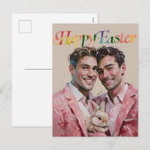 ゲイカップルのピンクのスーツとバニーのイースターカード シーズンポストカード (正面/裏面)