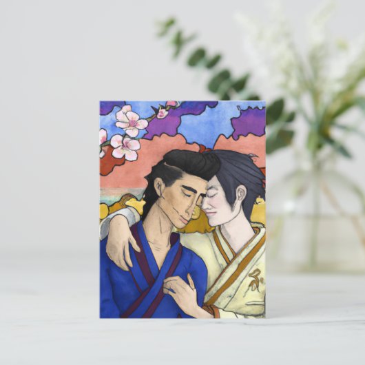 ゲイカップルの浮世絵スタイル日本の中 ポストカード (スタンド正面)