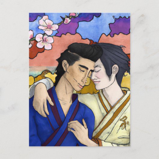 ゲイカップルの浮世絵スタイル日本の中 ポストカード (正面)