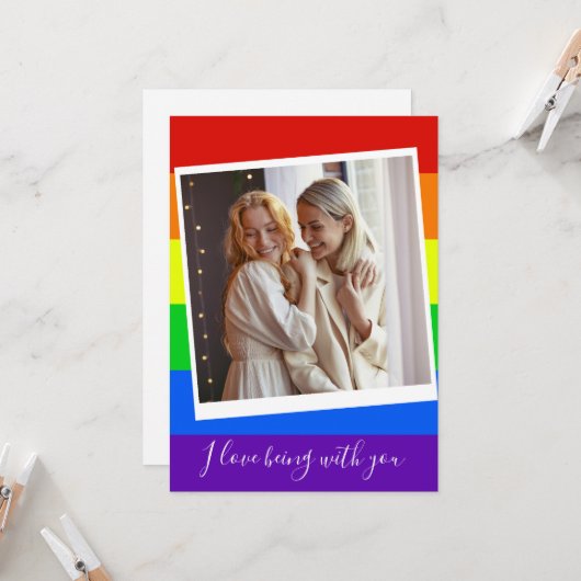 ゲイカップル写真カスタムレインボーロマンチックLGBTQ カード (正面/裏面インサイチュ)