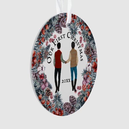 ゲイカップル白人アフリカ系アメリカ人男性リース オーナメント (正面)