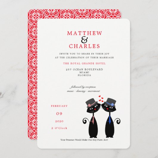 ゲイカップル結婚の可愛い黒猫 招待状 (正面/裏面)