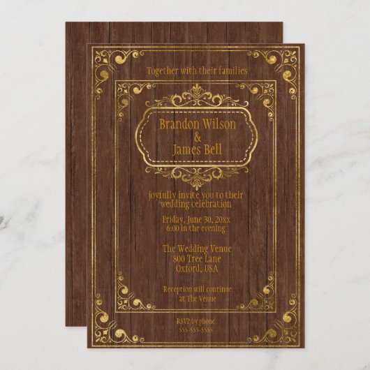 ゲイカップル茶色のバーンウッドと金ゴールドのフレーム結婚ズ 招待状 (正面/裏面)