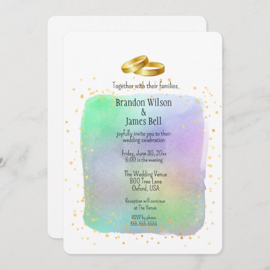 ゲイカップル虹の水の色と金ゴールドきらめき 招待状 (正面/裏面)