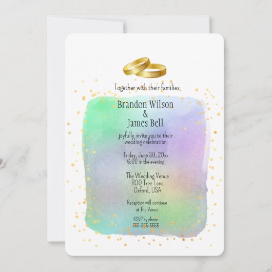 ゲイカップル虹の水の色と金ゴールドきらめき 招待状 (正面)