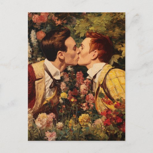 ゲイキスをするの男たちが花園に ポストカード (正面)
