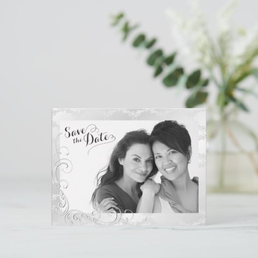 ゲイシルバーダマスク結婚式の写真日付を保存 案内ポストカード (スタンド正面)