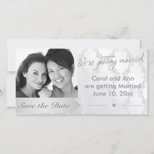 ゲイシルバー・ダマスク柄 結婚式 写真付き 日程お知らせ セーブザデート (正面)