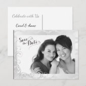 ゲイシルバー・ダマスク柄 結婚式 写真付き 日程お知らせ 案内ポストカード (正面/裏面)