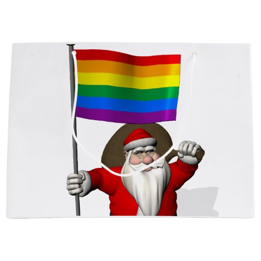 ゲイプライドの虹の旗を持つサンタクロース ラージペーパーバッグ (正面)