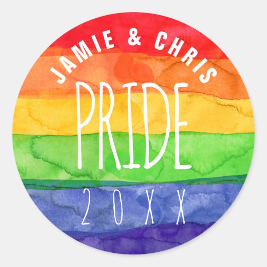 ゲイプライドウォーターカラーレインボークラシックルラウンドステッカー ラウンドシール (正面)
